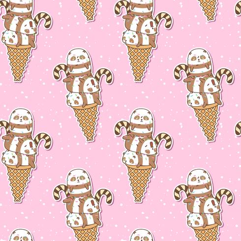 Pandas kawaii sans soudure sur un motif de cornet de crème glacée vecteur