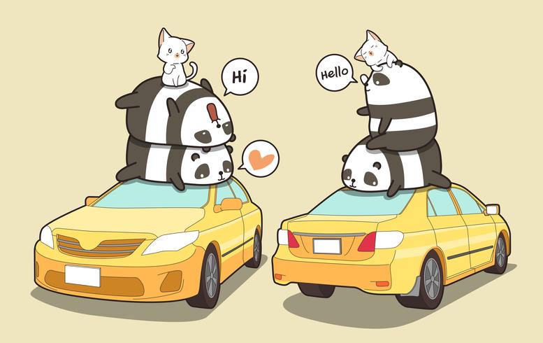 Pandas et chats sur la voiture jaune vecteur