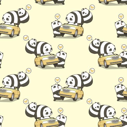 Trois personnages de panda kawaii sans couture avec un motif de voiture vecteur