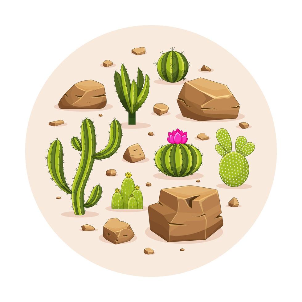 plantes de cactus du désert en forme de cercle isolées sur l'illustration blanche, vecteur dessiné à la main. cactus et pierres. vecteur de désert de cercle. croquis de paysage occidental rond avec cactus, coucher de soleil et rochers