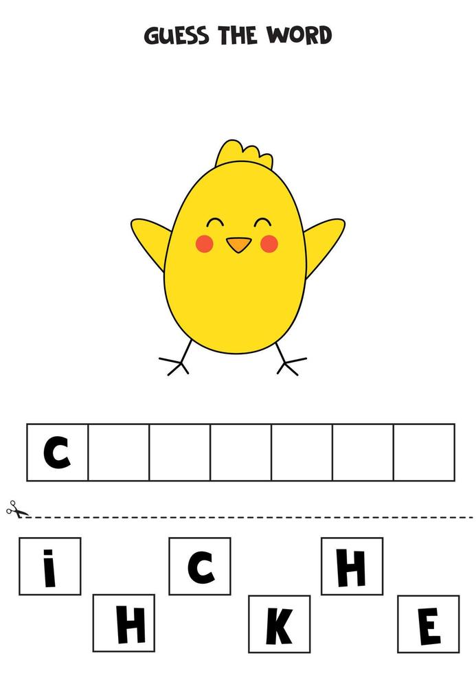 jeu d'orthographe pour les enfants. poulet de dessin animé mignon. vecteur