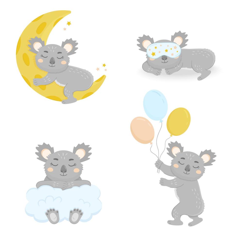 avec un koala endormi. illustration vectorielle de koala mignon pour les enfants. koala dormant sur la lune, vole en ballon, s'assoit sur un nuage, dormant dans un masque de sommeil. vecteur