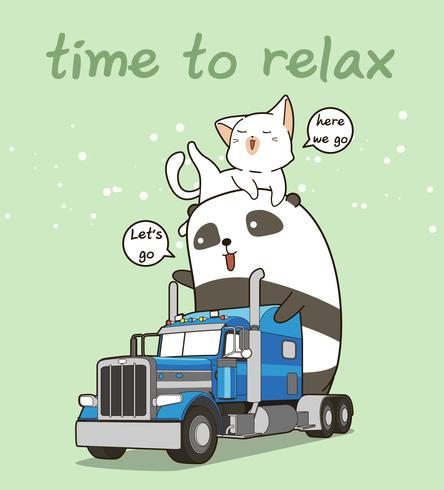 Panda mignon et chat sur le camion en vacances vecteur