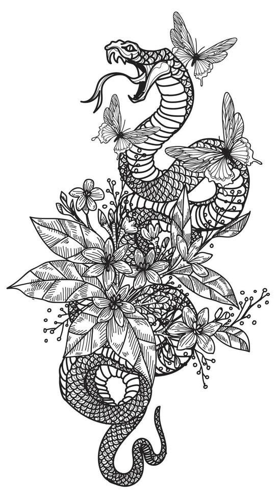 tatouage art serpent et fleur dessin et croquis à la main vecteur