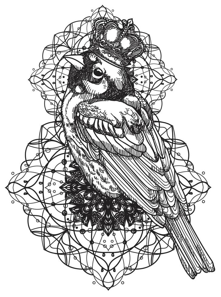 tatouage art oiseau dessin à la main croquis noir et blanc vecteur