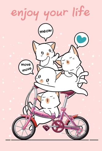 Le chat Kawaii fait du vélo avec des amis vecteur