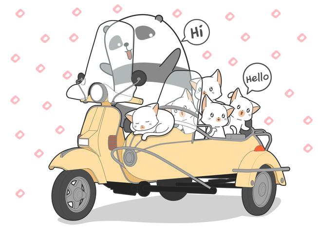 chats kawaii dessinés et panda avec moto. vecteur