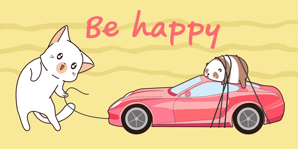 Le chat kawaii dessiné transporte une voiture de sport rose. vecteur