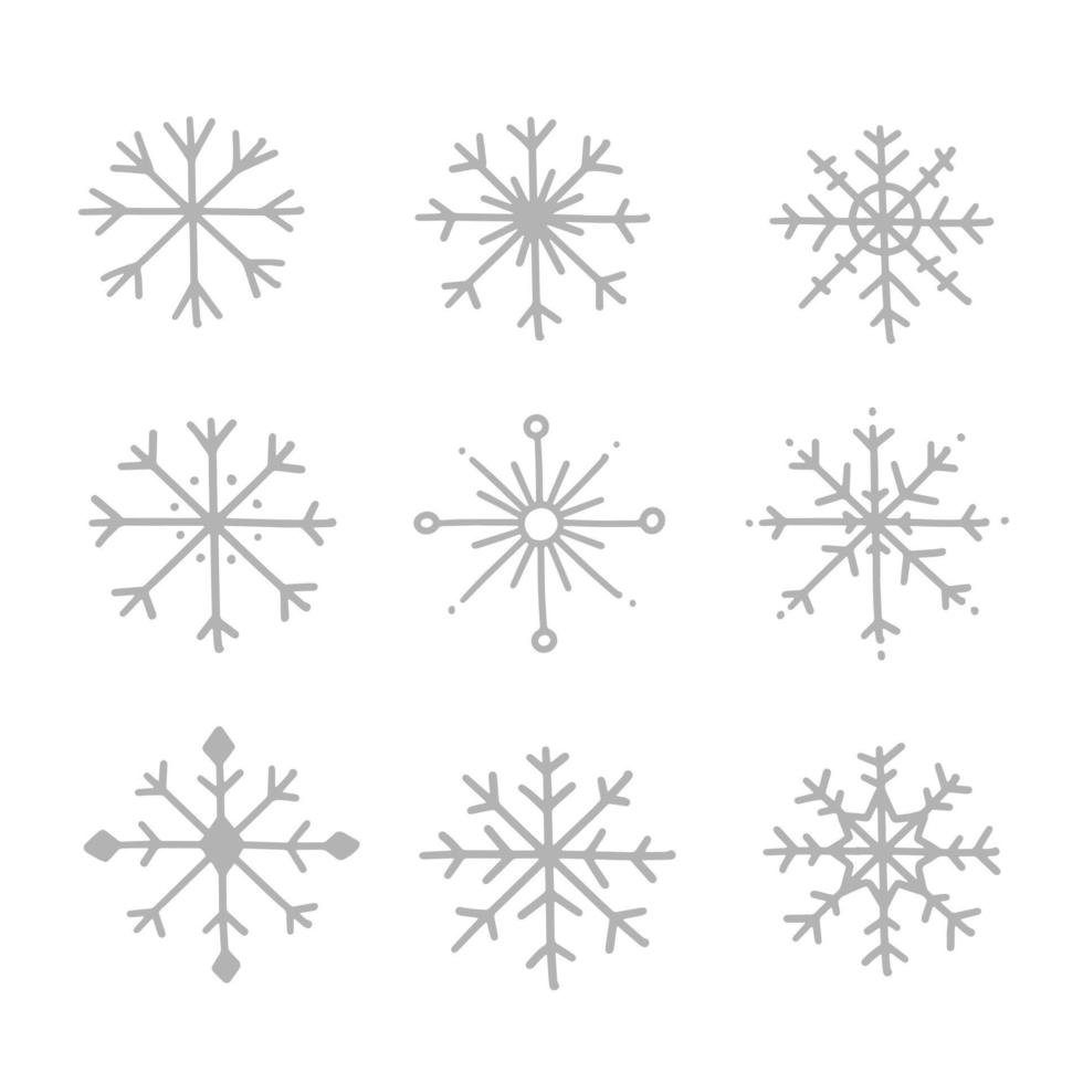 ensemble de différentes icônes de dessin à la main ou symboles de flocons de neige. illustration vectorielle isolée sur fond. vecteur