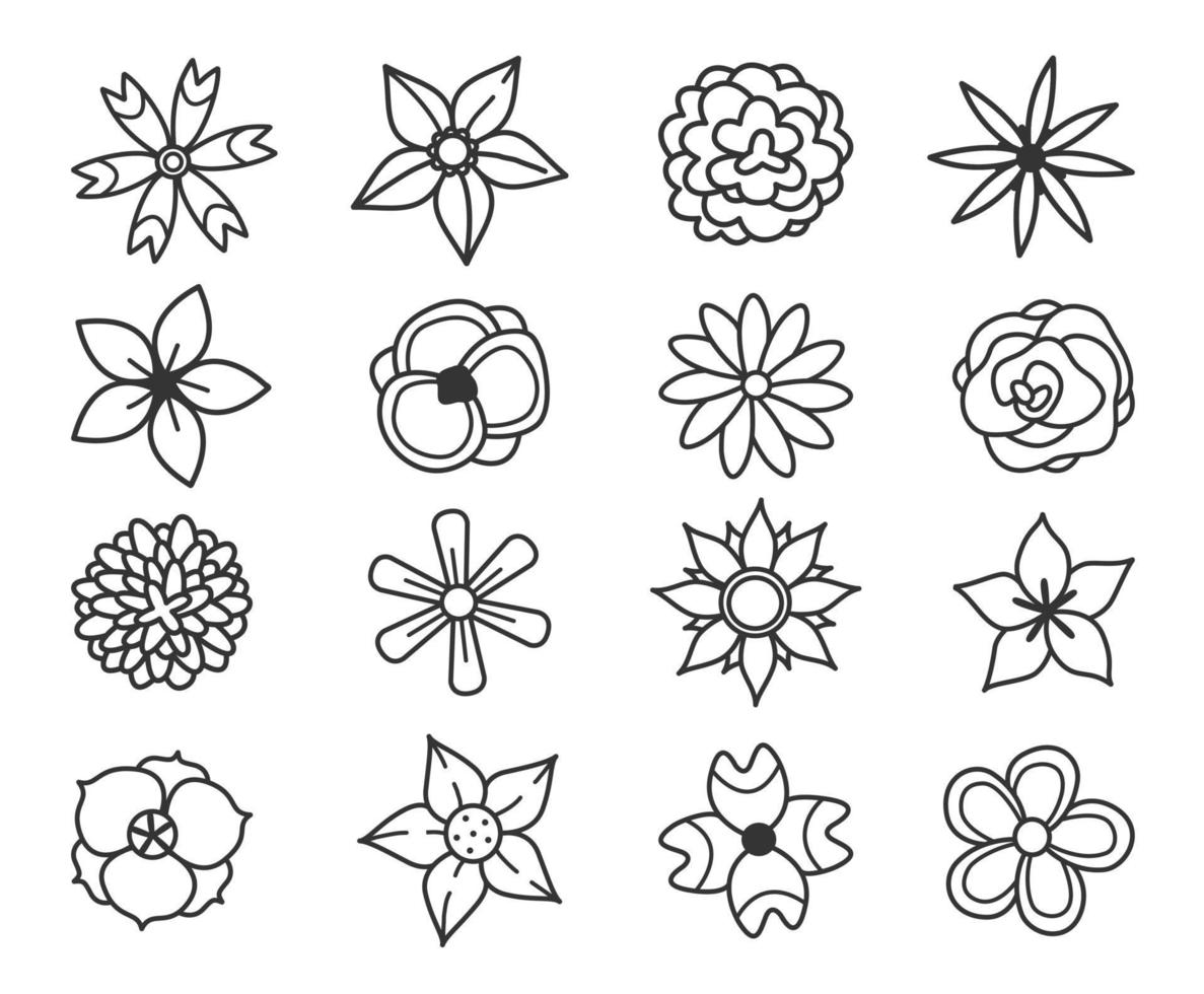 ensemble de différentes icônes de fleurs dessinées à la main dans un style simple de doodle. illustration vectorielle. vecteur