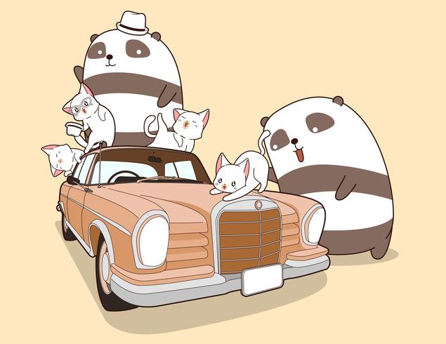 Pawas et chats Kawaii avec voiture ancienne. vecteur