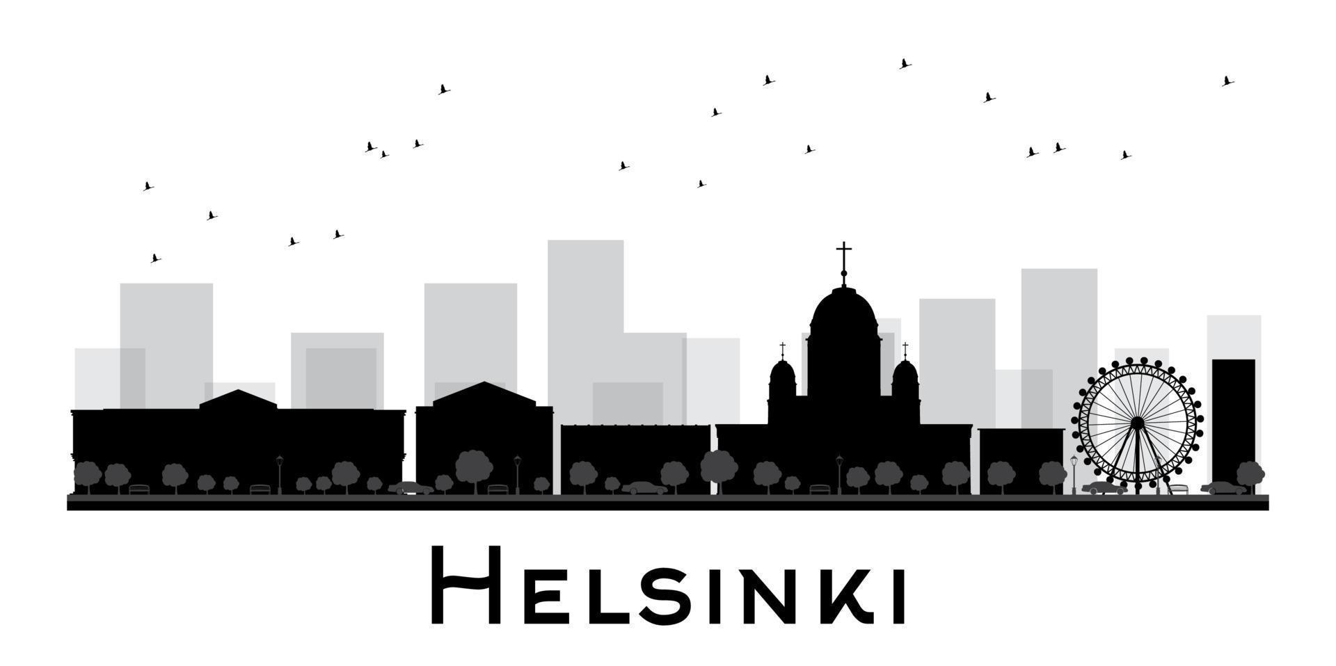 silhouette noire et blanche de la ville d'helsinki. vecteur