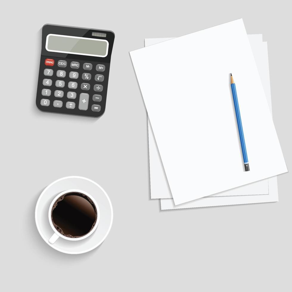 notion d'entreprise. papiers réalistes avec un crayon et une tasse de café sur fond bleu. illustration vectorielle vecteur