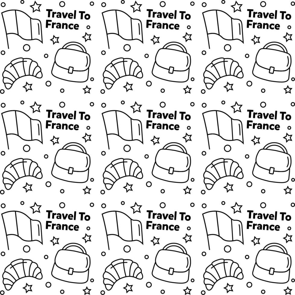 voyage en france doodle motif vectoriel sans couture. le vin, le coq, le fromage sont des icônes identiques à la france