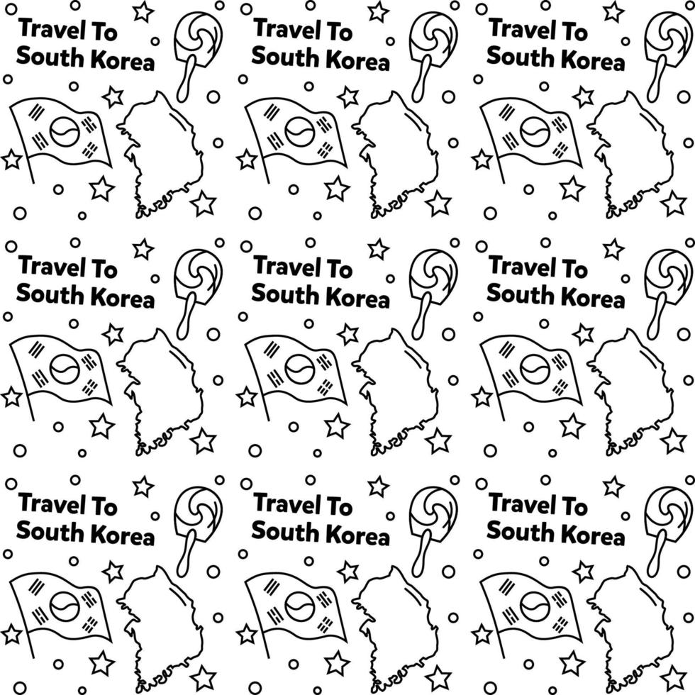 voyager en corée du sud doodle motif vectoriel sans couture. kimchi, carte, icônes de drapeau identiques à la corée du sud