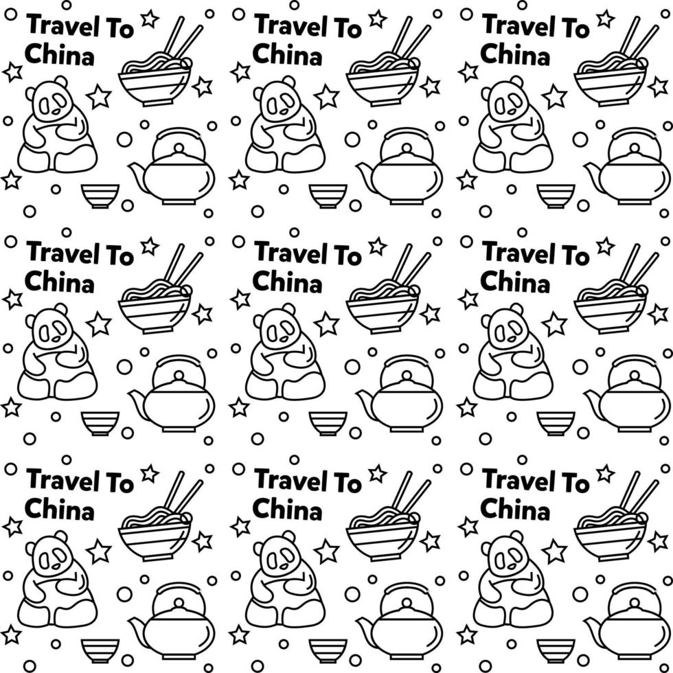 voyager en chine doodle motif vectoriel sans couture. la lanterne, le panda et la nouille sont une icône identique à la porcelaine.