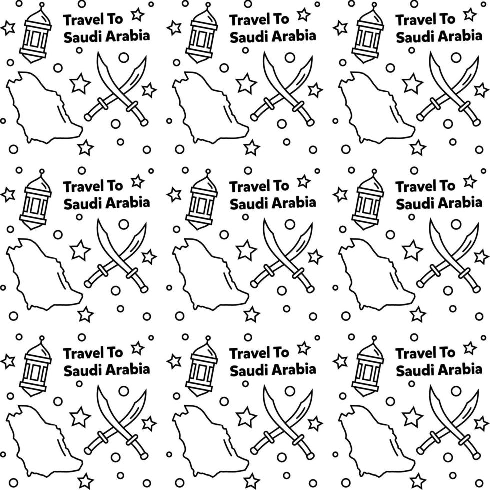 Voyagez en Arabie Saoudite doodle motif vectoriel sans couture. chameau. la ka'bah, le drapeau sont des icônes identiques à l'arabie saoudite