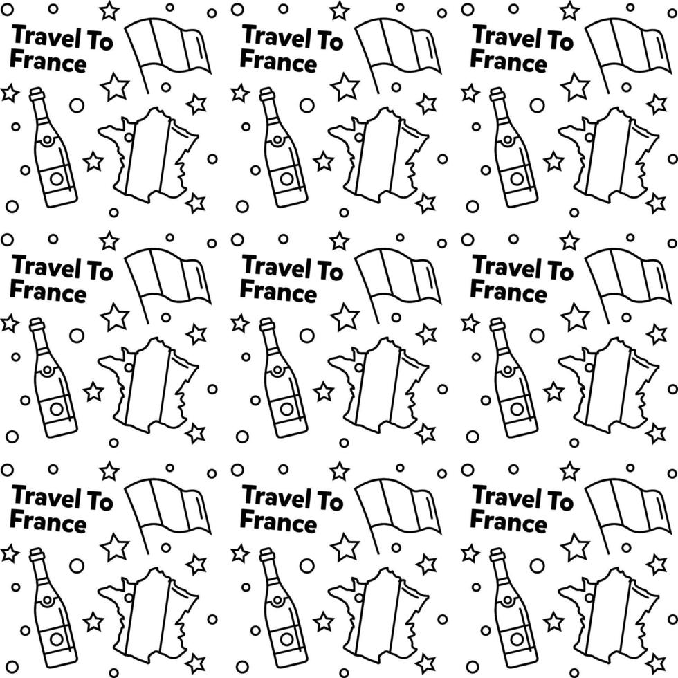 voyage en france doodle motif vectoriel sans couture. le vin, le coq, le fromage sont des icônes identiques à la france