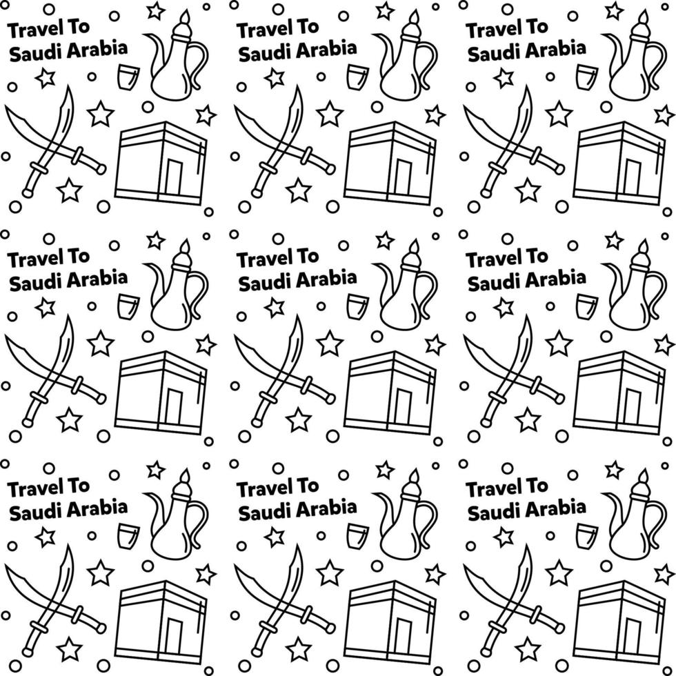 Voyagez en Arabie Saoudite doodle motif vectoriel sans couture. chameau. la ka'bah, le drapeau sont des icônes identiques à l'arabie saoudite