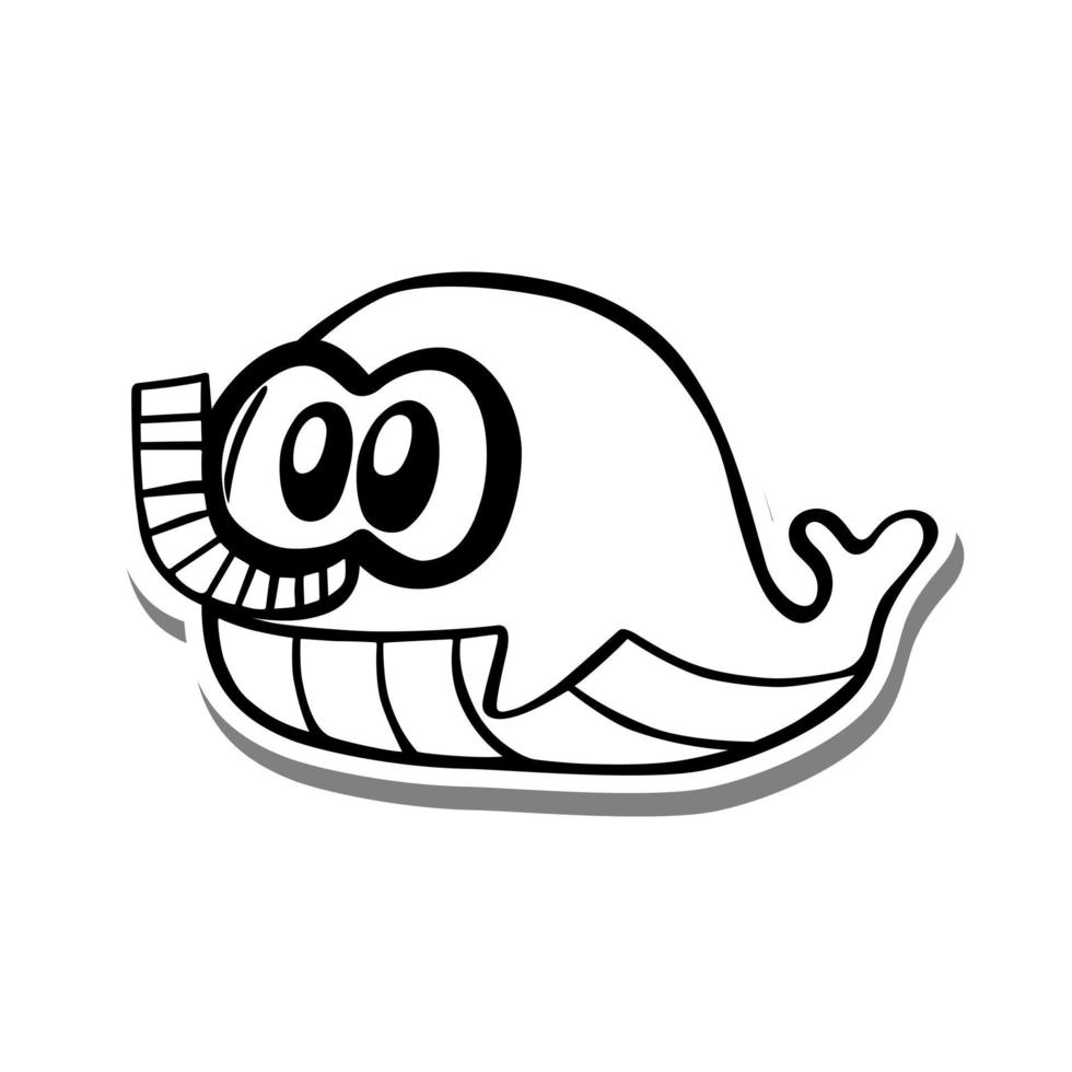monochrome de baleine de plongée de dessin animé mignon. doodle sur silhouette blanche et ombre grise. illustration vectorielle sur les animaux aquatiques pour toute conception. vecteur