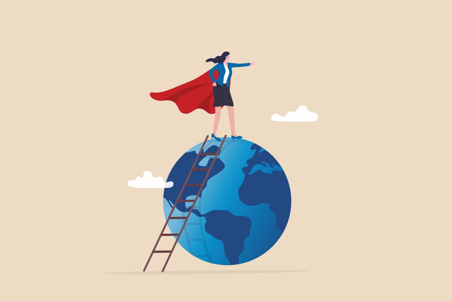 femme leader mondiale, féminisme ou femme chef de la direction pour diriger une entreprise internationale, femme super-héros pour indiquer la direction du concept de réussite future, super-héros femme d'affaires sur la planète terre du monde pointant vers la direction vecteur