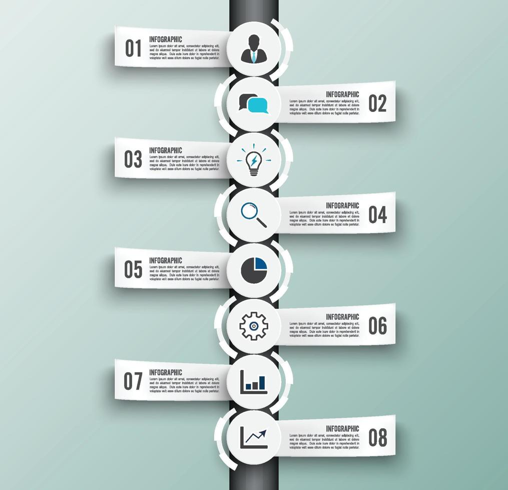 modèle infographique de vecteur avec étiquette en papier 3d, cercles intégrés. concept d'entreprise avec 8 options. pour le contenu, le diagramme, l'organigramme, les étapes, les pièces, les infographies de chronologie, le flux de travail, le graphique.