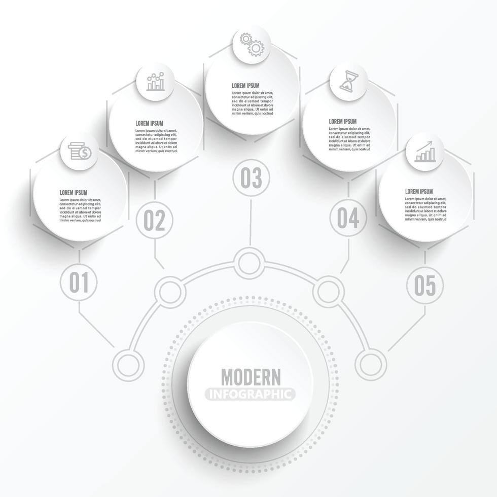 modèle d'infographie vectorielle avec étiquette en papier 3d, cercles intégrés. concept d'entreprise avec cinq options. pour le contenu, le diagramme, l'organigramme, les étapes, les pièces, l'infographie de la chronologie, la mise en page du flux de travail, le graphique. vecteur