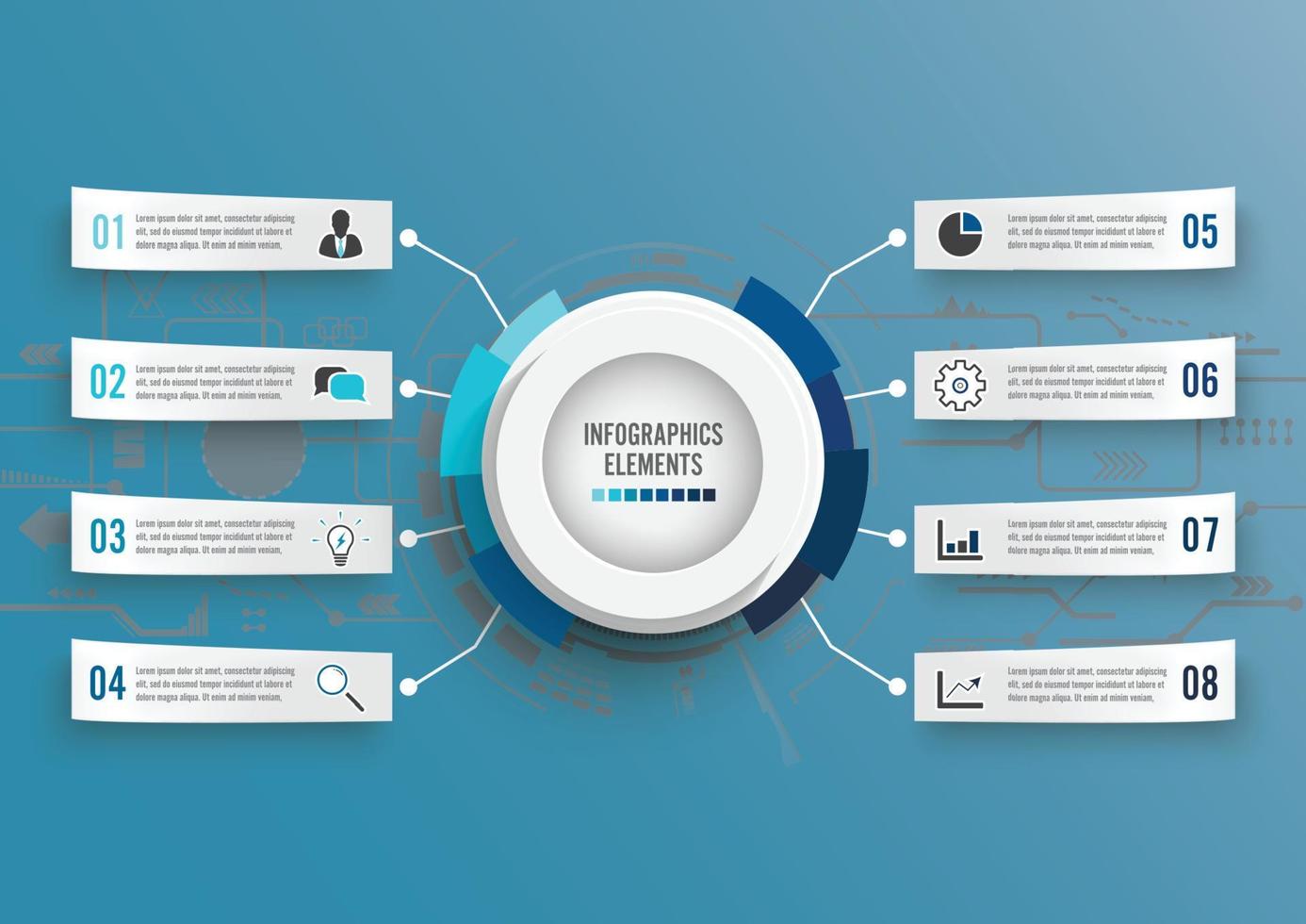 modèle infographique de vecteur avec étiquette en papier 3d, cercles intégrés. concept d'entreprise avec 8 options. pour le contenu, le diagramme, l'organigramme, les étapes, les pièces, les infographies de chronologie, le flux de travail, le graphique.