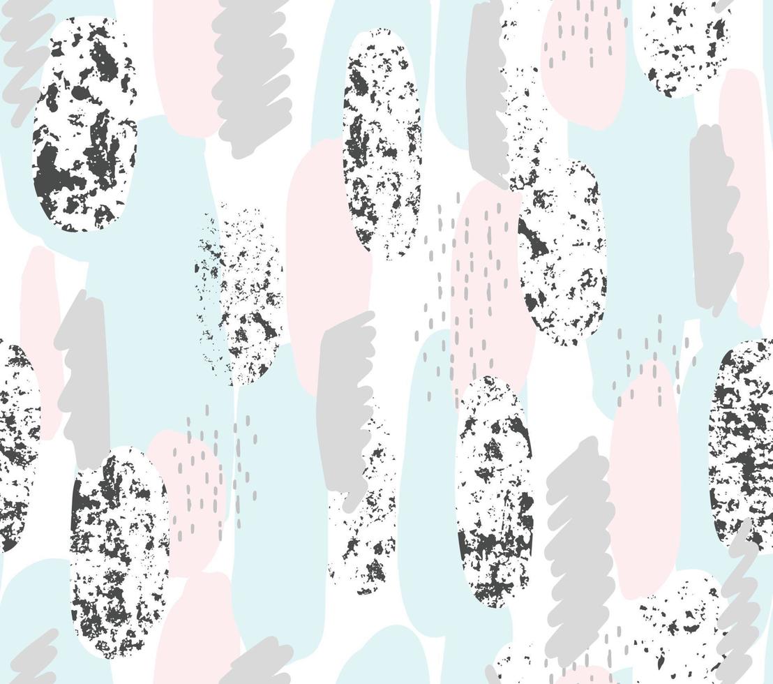 modèle vectoriel abstrait avec des coups de pinceau peints à la main et de la texture. fond géométrique sans couture de style memphis en couleur pastel. conception d'impression de mode en rose, bleu, gris et noir.