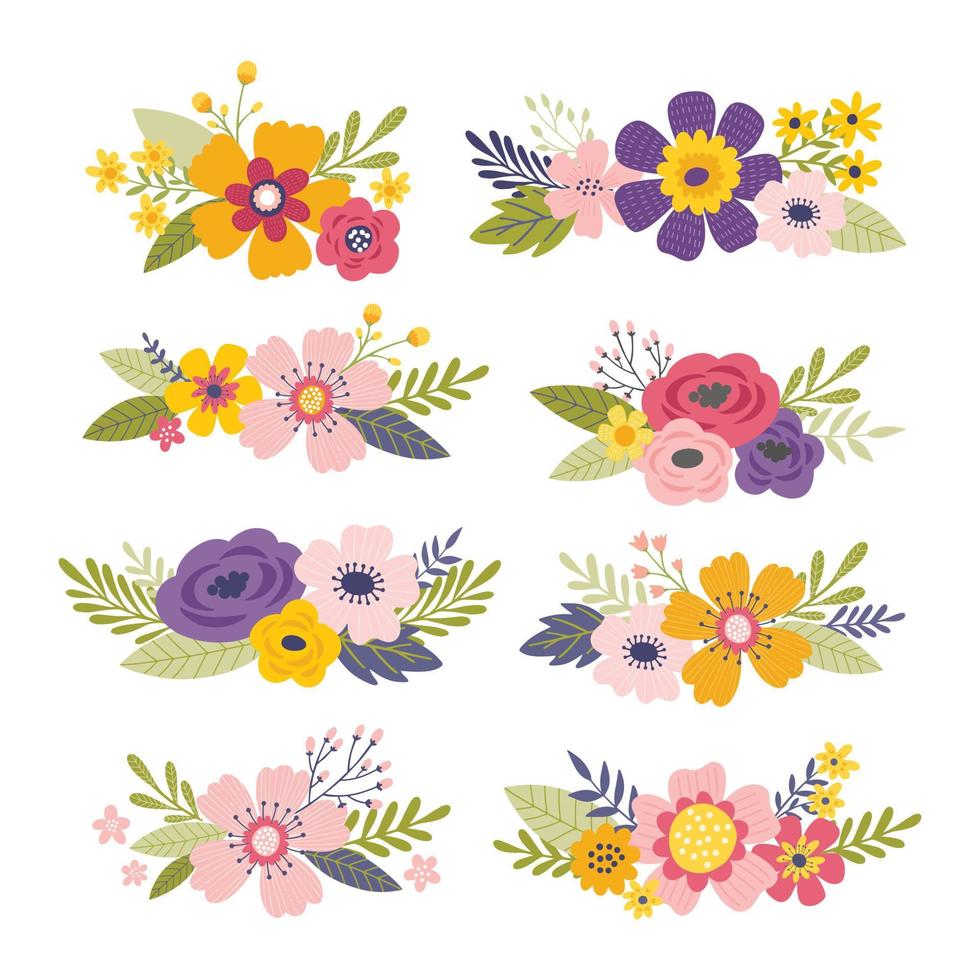 collection de bouquets de fleurs printanières colorées. compositions florales mixtes. ensemble d'éléments de conception florale de vecteur. vecteur