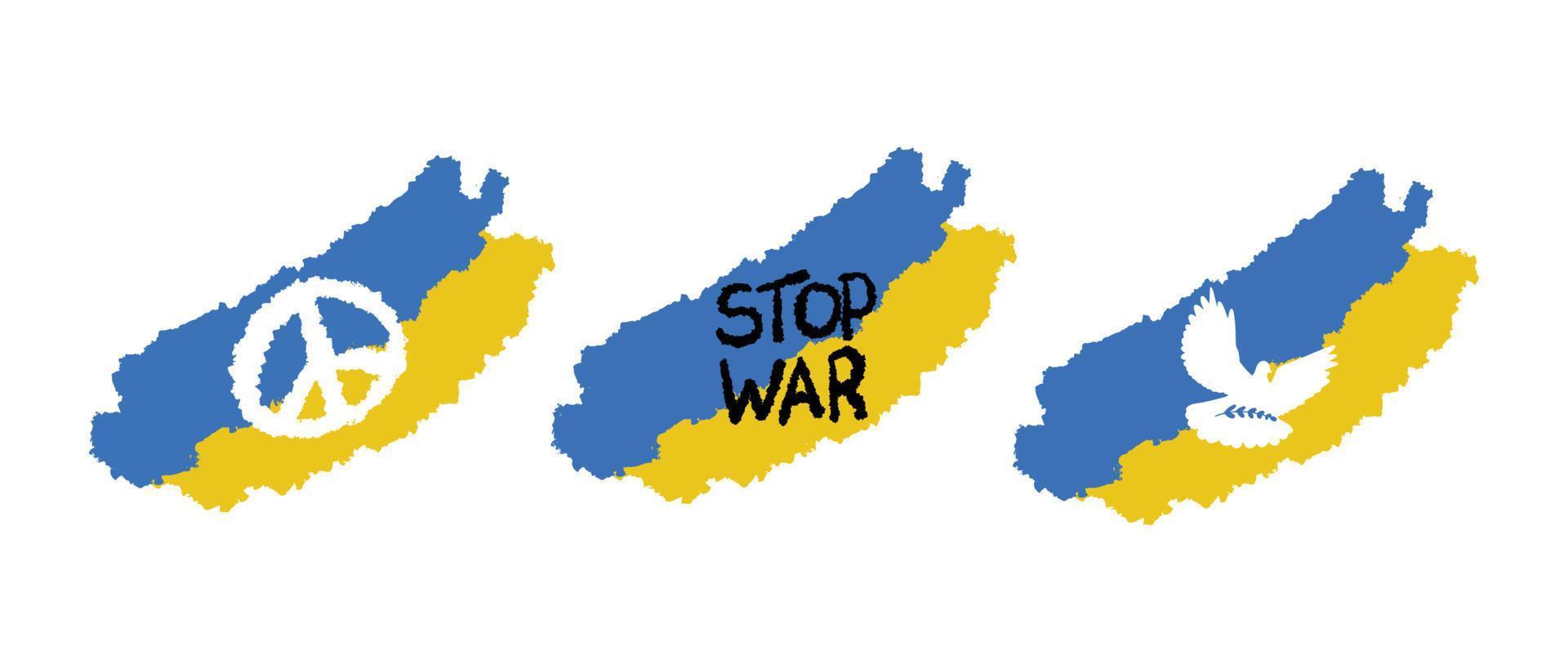 un ensemble d'autocollants avec le drapeau de l'ukraine avec la colombe de la paix, avec l'inscription stop war, avec le signe de la paix dans le monde vecteur