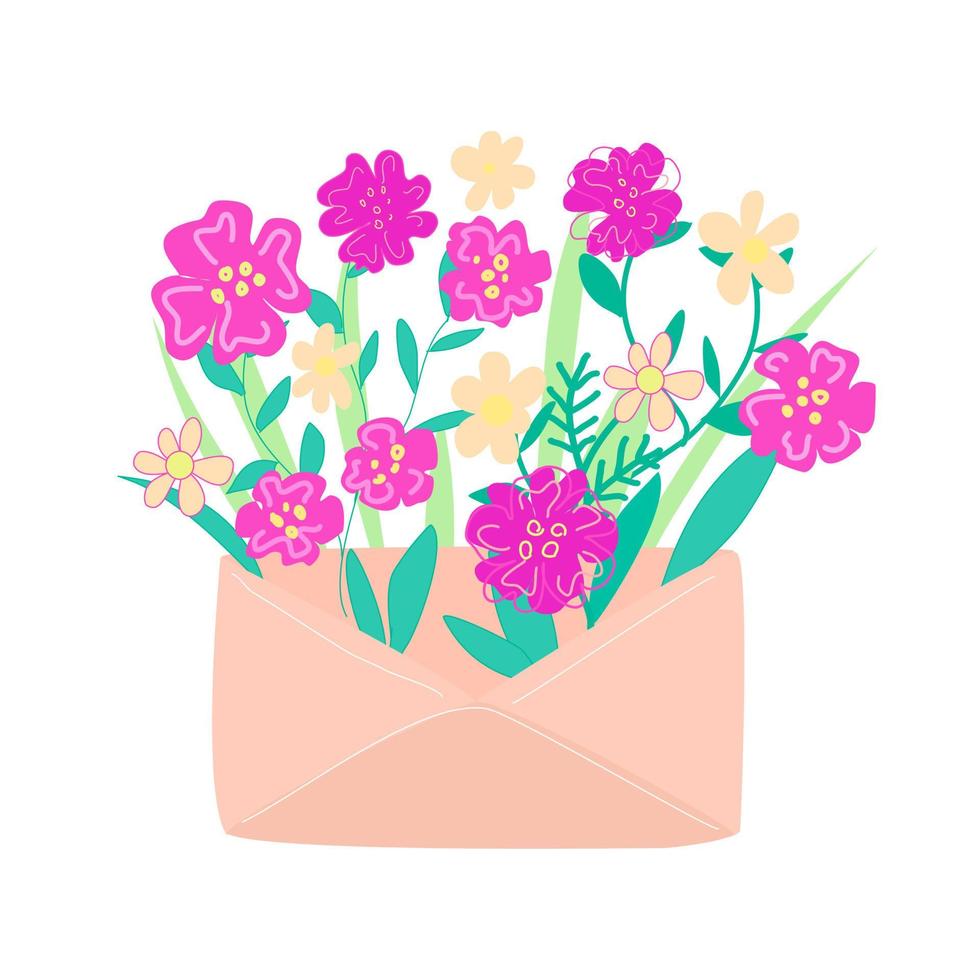 une enveloppe en papier avec des fleurs pourpres à l'intérieur. vecteur