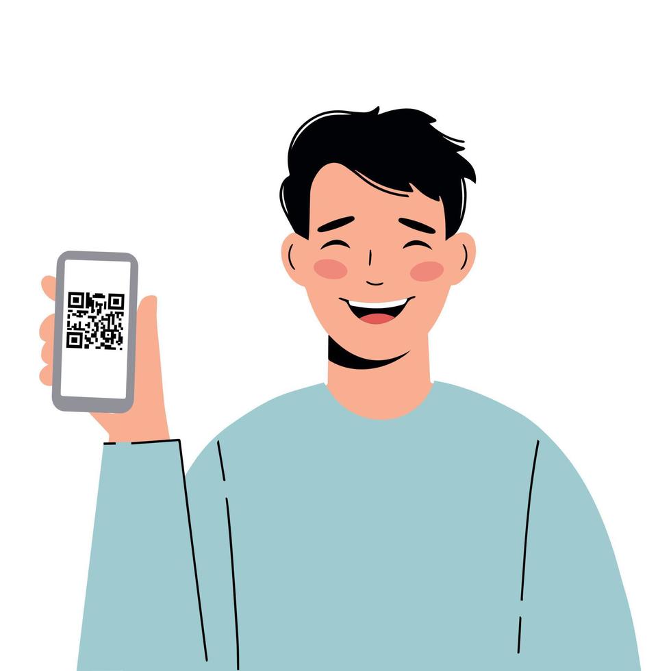 jeune homme tient un téléphone portable dans sa main. il affiche un code qr vecteur