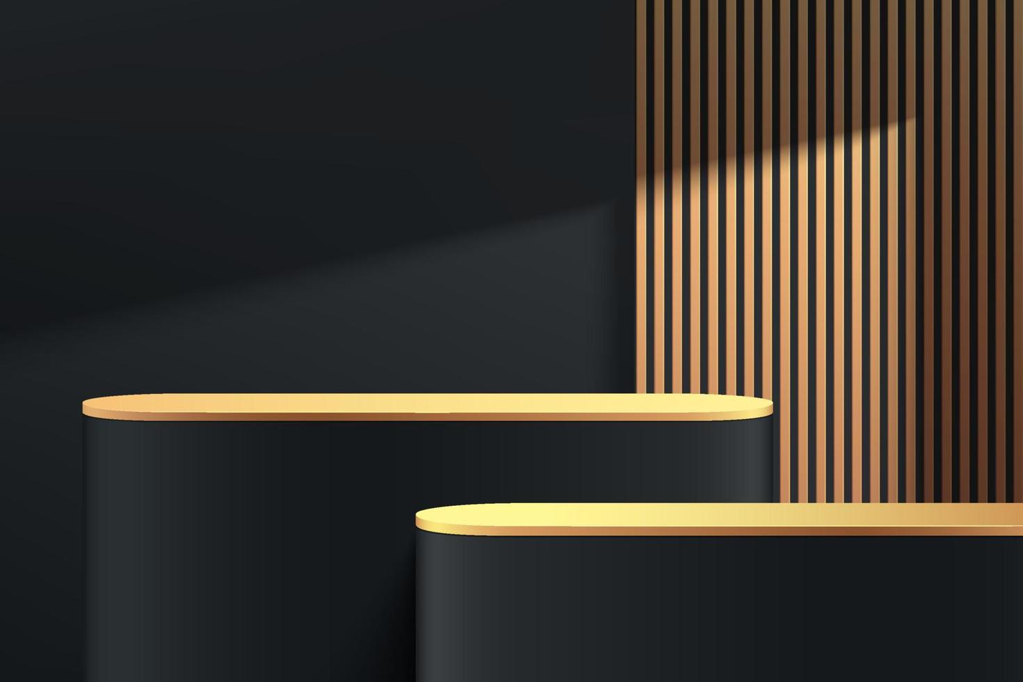 podium de piédestal rond noir 3d abstrait avec rayures verticales dorées et ombre. scène de mur minimal sombre de luxe. plate-forme géométrique de rendu vectoriel moderne pour la présentation de l'affichage du produit.