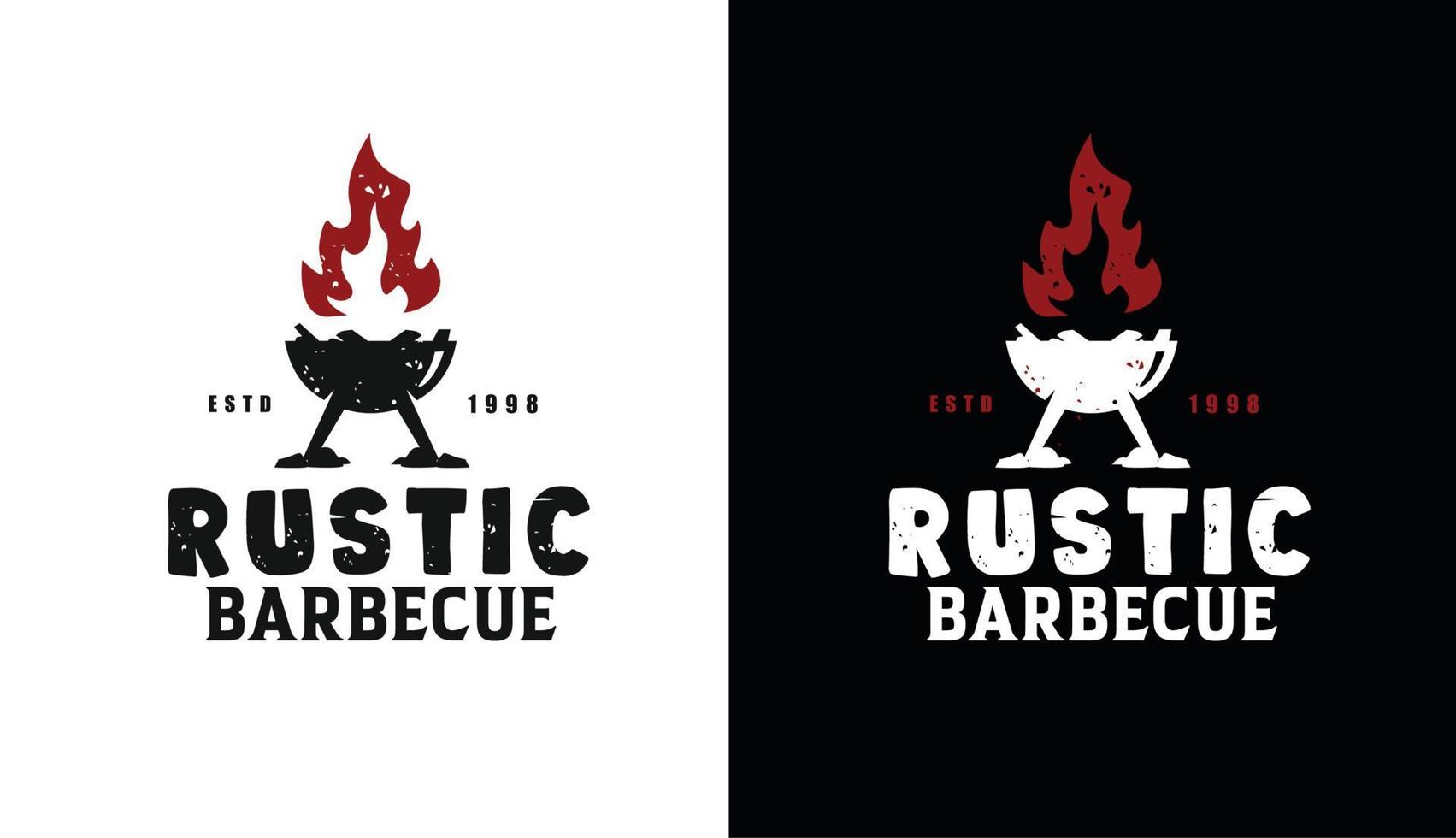 barbecue rustique rétro vintage avec feu, vecteur de conception de logo d'étiquette de barbecue