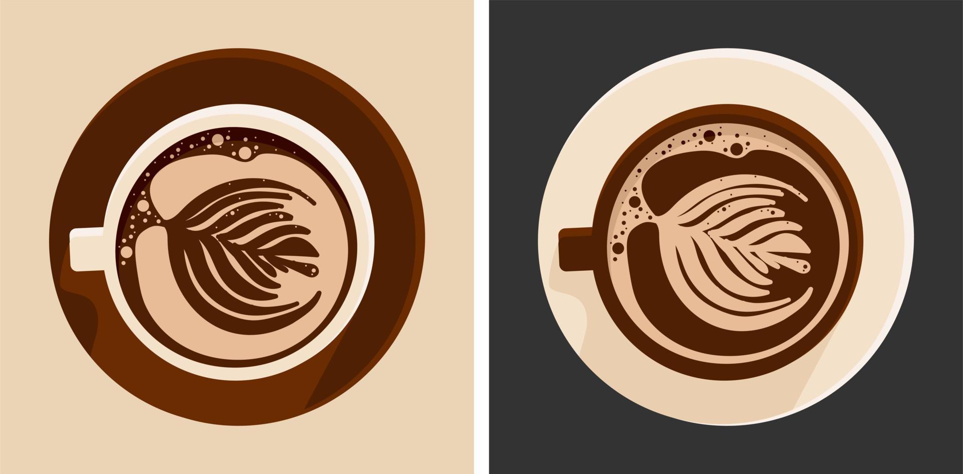 vue de dessus de café ensemble de deux tasses sur fond sombre et clair. pour l'impression sur des cartes postales en tissu, des affiches. illustration vectorielle vecteur
