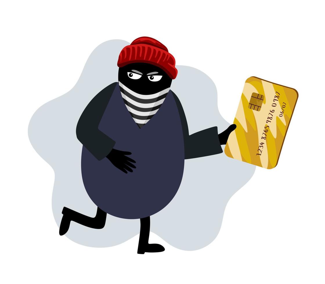 fraude en ligne. un cyber voleur vole de l'argent, des détails de carte de crédit. illustration de dessin animé de vecteur plat.