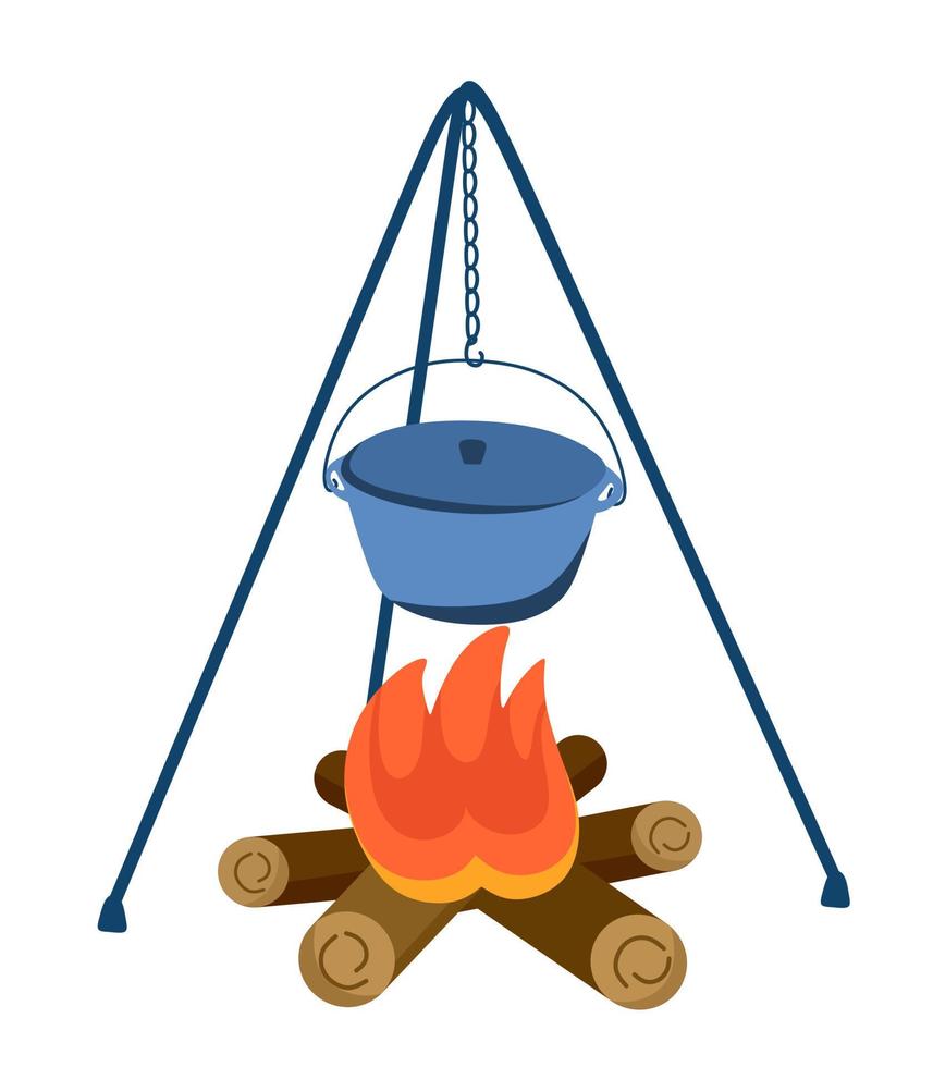 feu de joie avec un pot en randonnée, en voyage. cuisiner dans la nature et sur un feu ouvert. illustration vectorielle. vecteur