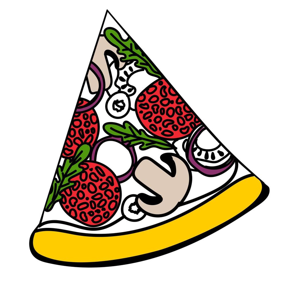 pizza slice est un dessin dessiné à la main dans le style d'un doodle. à utiliser sur les textiles, le papier d'emballage, les souvenirs, l'imprimerie, les affiches, les cartes postales. vecteur