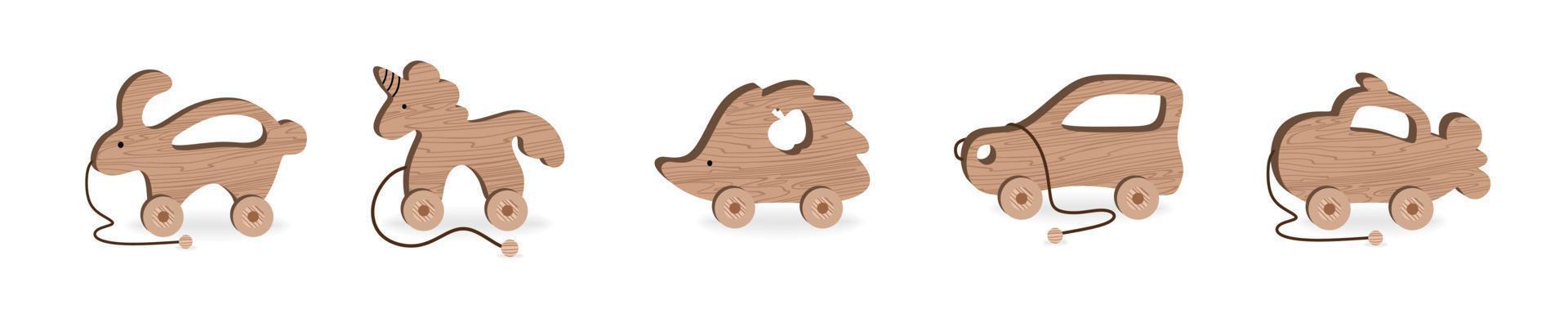 jouets pour enfants pour jeux et divertissements pour enfants set hérisson en bois machine hippopotame baleine sous-marin tortue illustration vectorielle vecteur