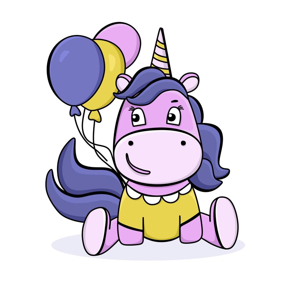 licorne drôle avec des ballons. personnage de dessin animé mignon. pour cartes postales, affiches, illustrations de livres. illustration vectorielle dans un style plat. vecteur