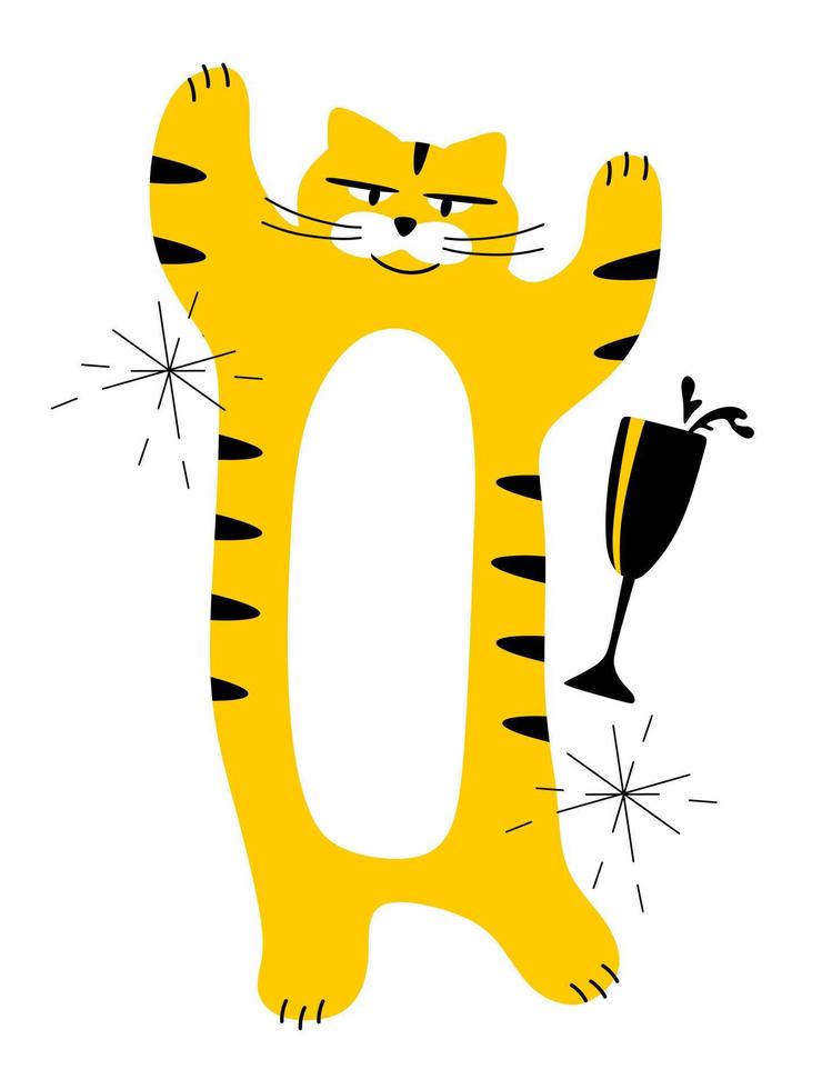 le tigre est un symbole joyeux de l'année 2022 avec une bouteille de champagne et des cierges. le concept de noël et du nouvel an. une carte postale et une affiche. vecteur
