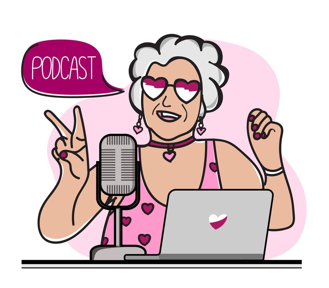 notion de podcast. une illustration sur le podcast. une fille qui parle dans un micro et assise à une table. vecteur plat dans un style à la mode.