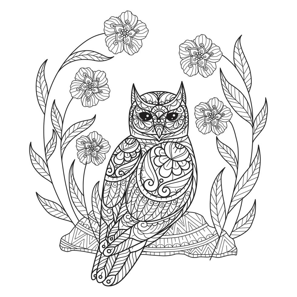 hibou et fleurs dessinés à la main pour livre de coloriage adulte vecteur