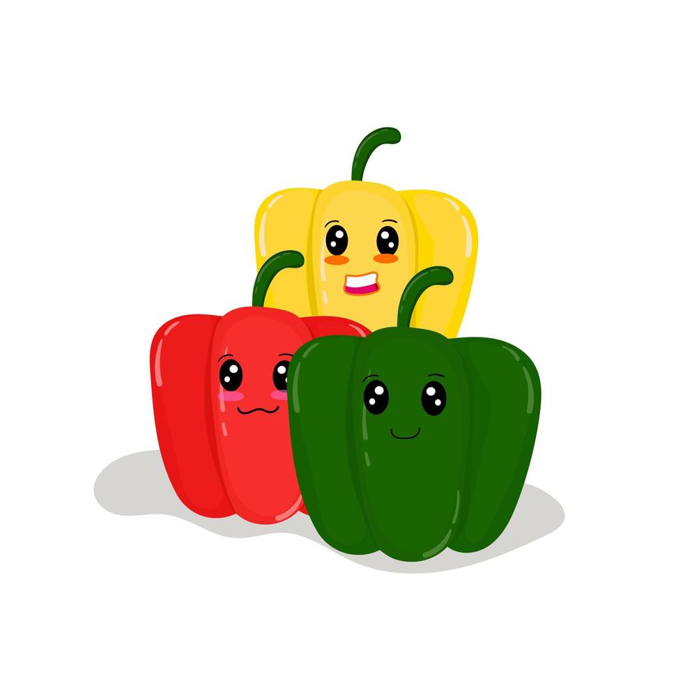 Poivron, rouge, vert, jaune paprika mignon kawaii, isolé sur fond blanc vecteur