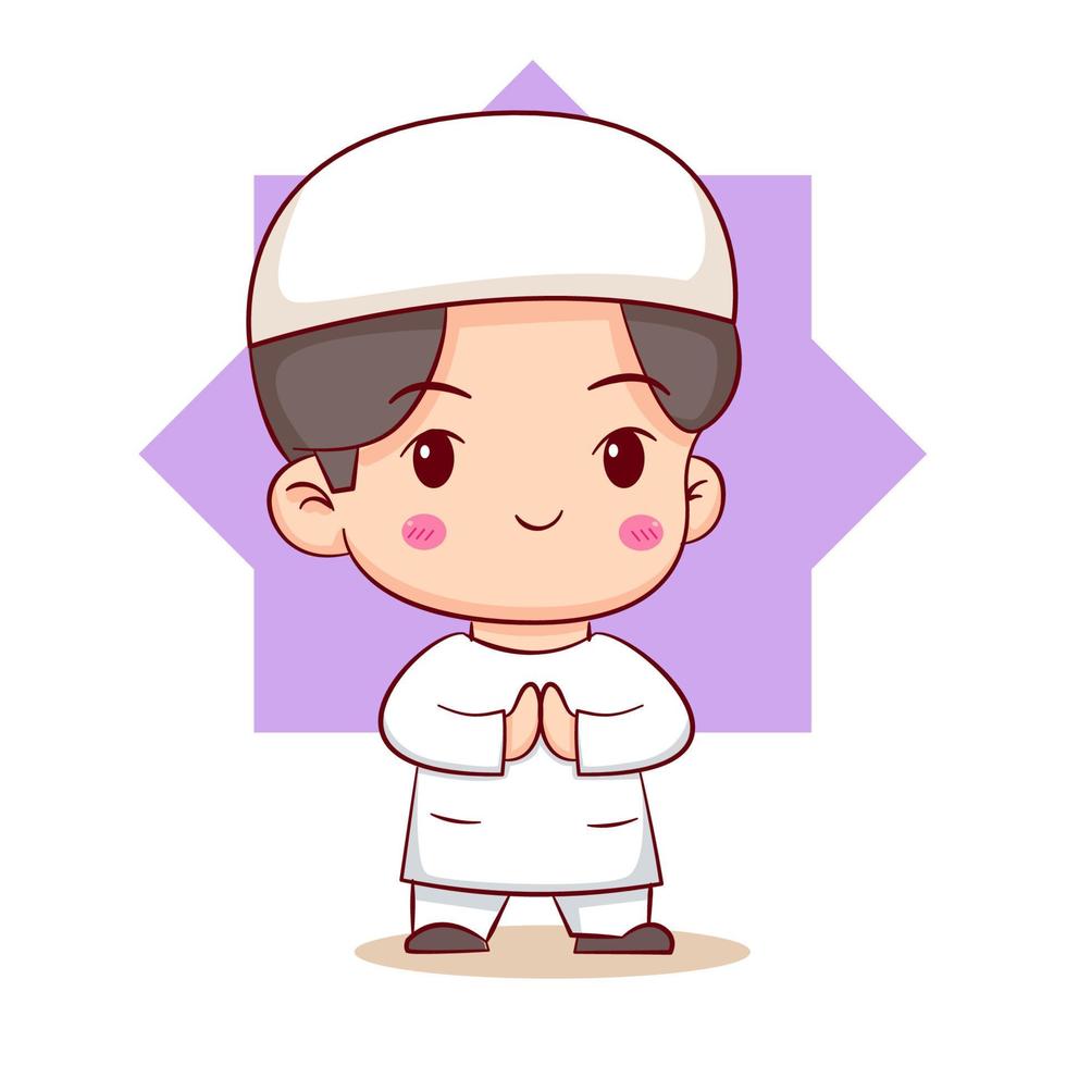 mignon garçon musulman salutation pose personnage de dessin animé vecteur