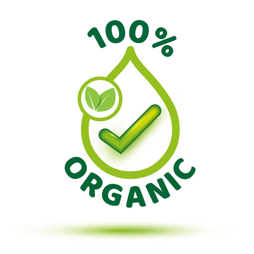 100 % biologique avec icône d'étiquette de feuille verte sur fond blanc pour la pharmacie bio biologique et le produit cosmétique naturel de soin de la peau vecteur
