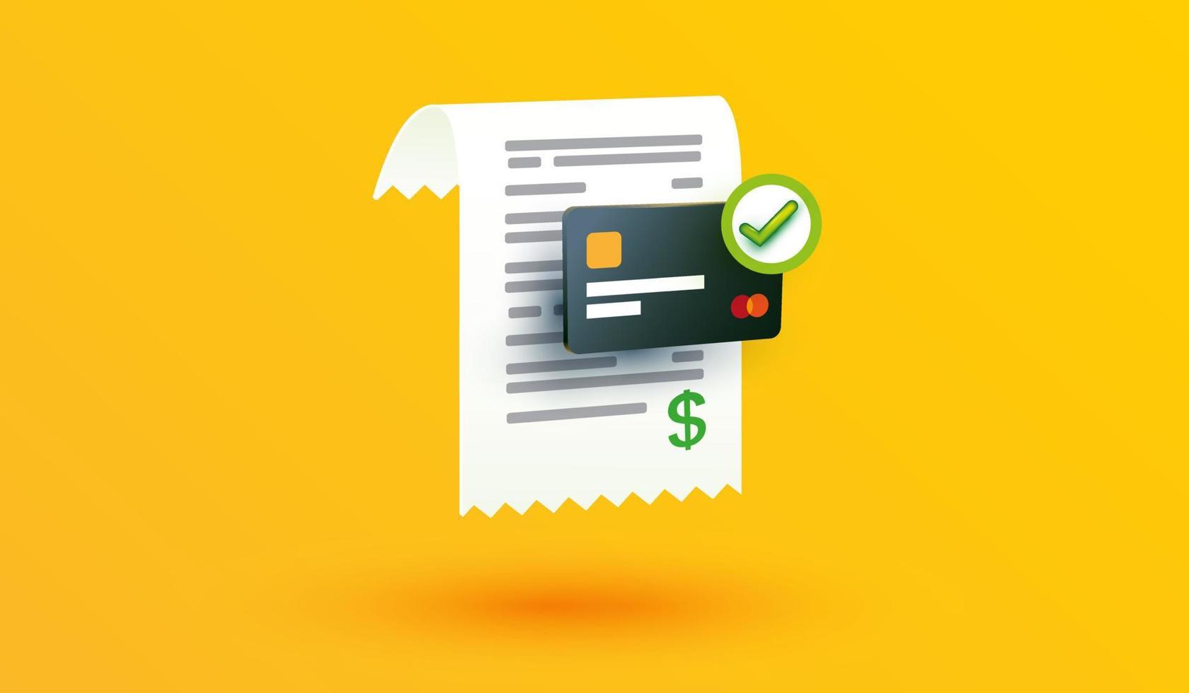 transaction de paiement par carte de crédit réussie sur fond jaune. conception de signe ou de symbole d'achat en ligne approuvé par l'argent pour les applications bancaires mobiles et le concept de site Web style d'illustration vectorielle 3d vecteur