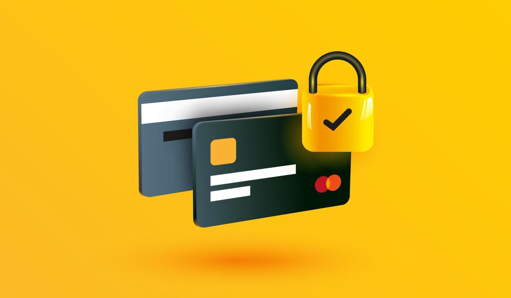 icône de sécurité de carte de crédit sur fond jaune. protection de l'argent banque en ligne conception de signe ou de symbole pour les applications mobiles et le concept de site Web style d'illustration vectorielle 3d vecteur