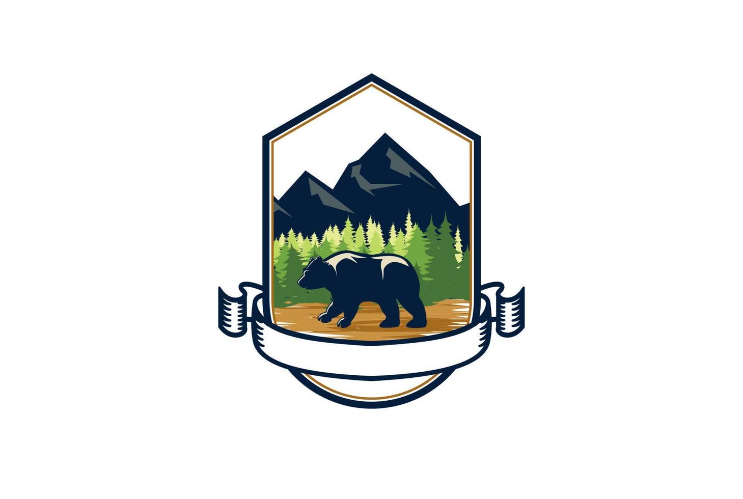 glace de montagne ours polaire avec pin cèdre épinette conifère cyprès mélèze sapins forêt insigne emblème étiquette pour aventure en plein air vecteur de conception de logo